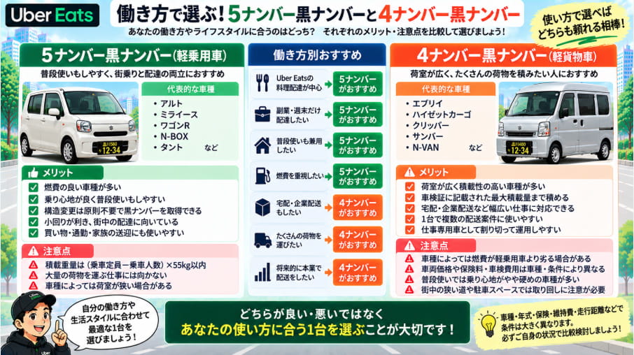 Uber Eatsで5ナンバー黒ナンバーと4ナンバー黒ナンバーを働き方別に比較