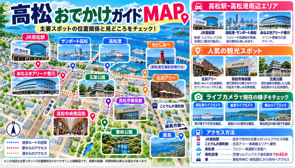 高松駅・高松港・北浜アリー・高松市美術館など主要スポットの位置関係を示したおでかけMAP