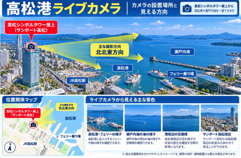 高松港ライブカメラの設置場所とサンポート高松から見える方向の図解