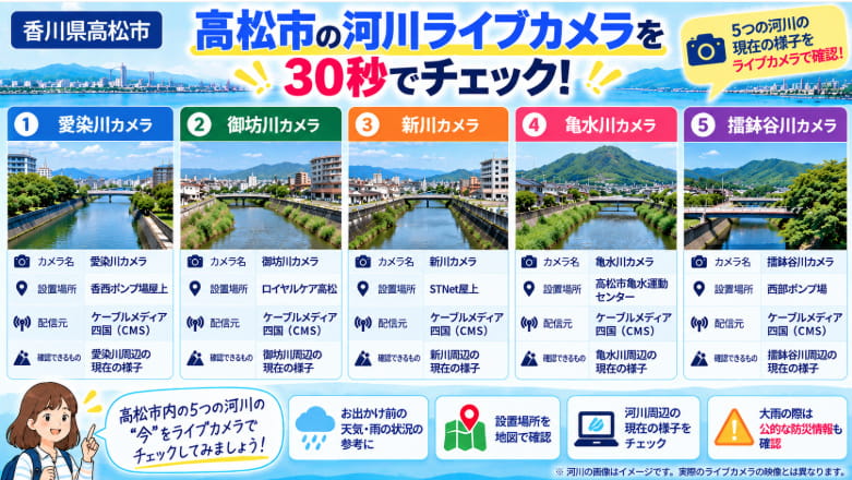 高松市の愛染川・御坊川・新川・亀水川・擂鉢谷川のライブカメラを30秒で確認できる図解