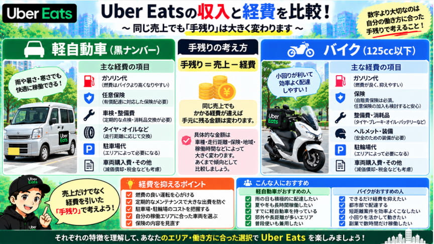 Uber Eatsの軽自動車とバイクの収入と経費・手残りの考え方を比較