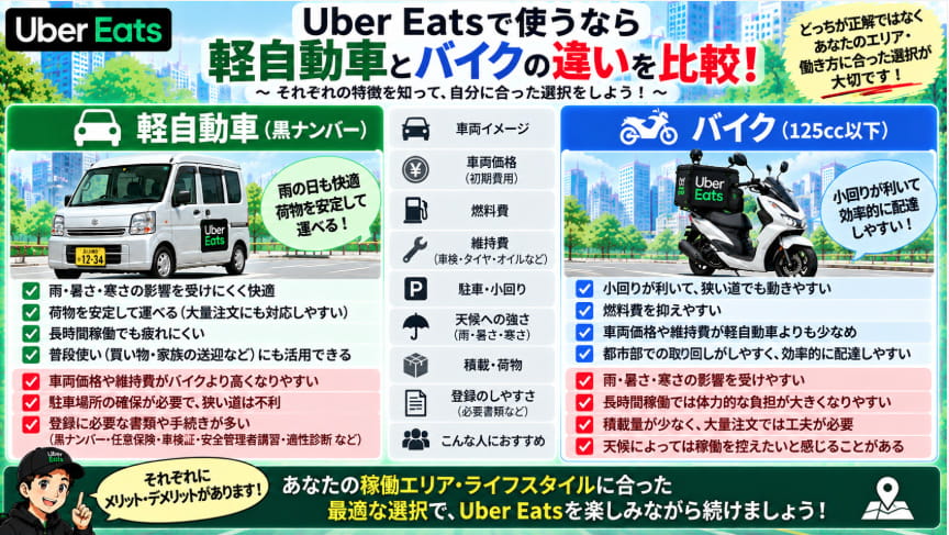 Uber Eatsで使う軽自動車とバイクの違いを比較