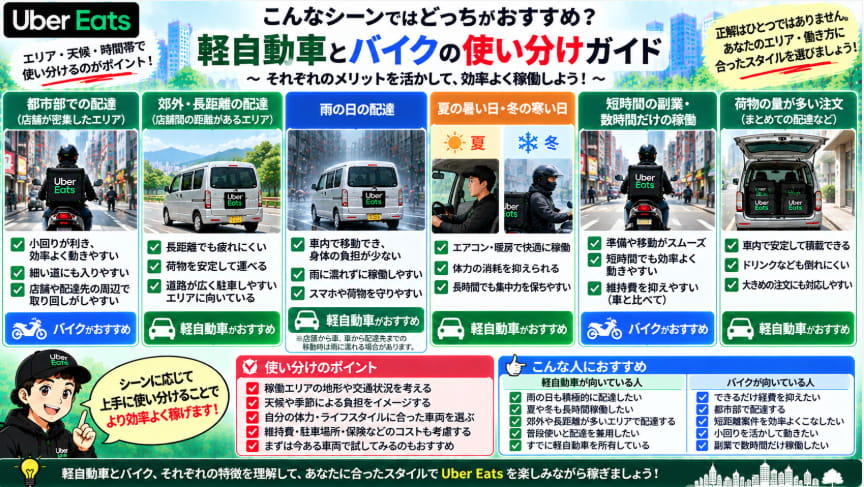 Uber Eatsの軽自動車とバイクをエリア・天候・働き方別に比較