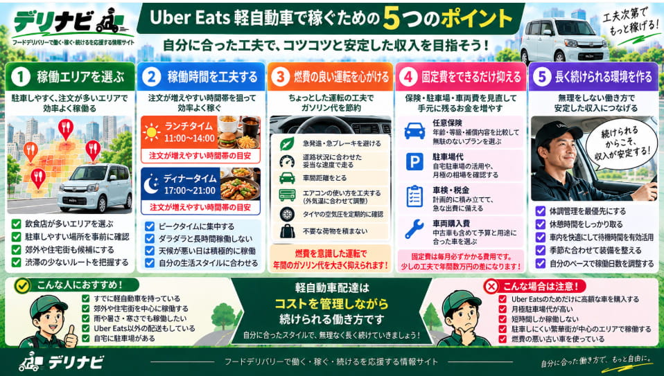 Uber Eatsで軽自動車配達をして稼ぐための5つのポイント