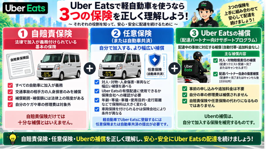 Uber Eats軽自動車配達で知っておきたい自賠責保険・任意保険・Uberの補償の違い