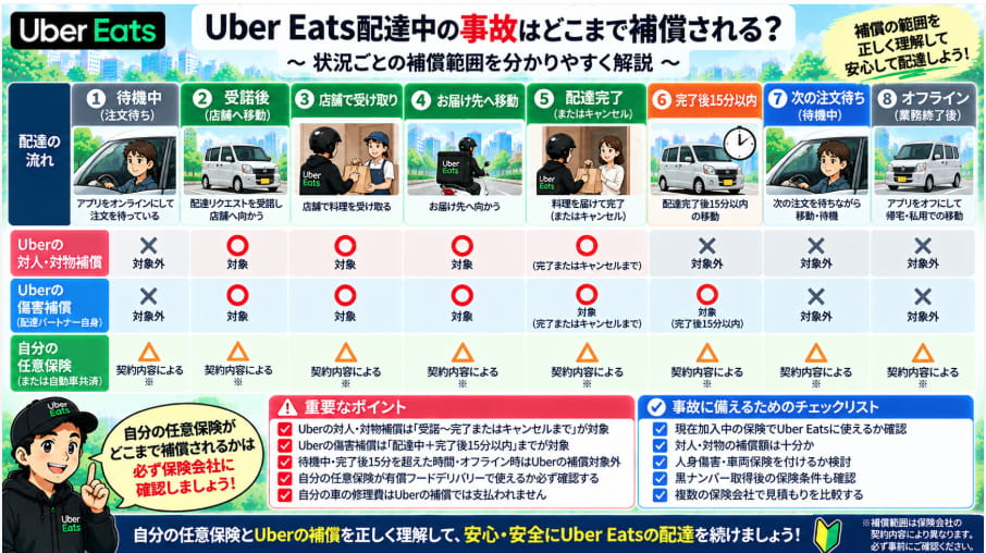 Uber Eats配達中の事故でUberの補償と自分の任意保険が適用される範囲