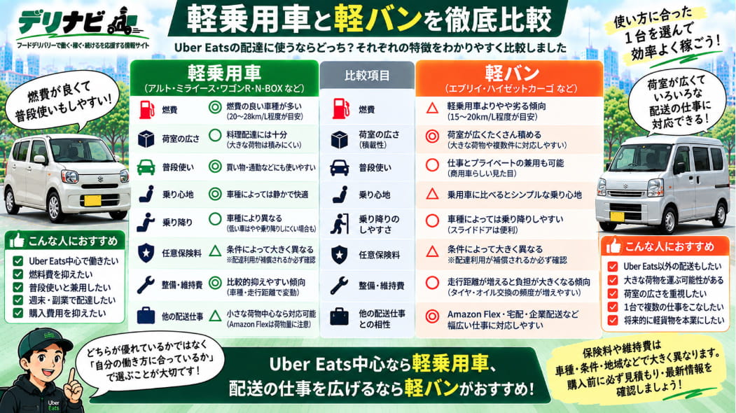 Uber Eats中心なら軽乗用車か配送仕事を広げるなら軽バンか働き方別に比較